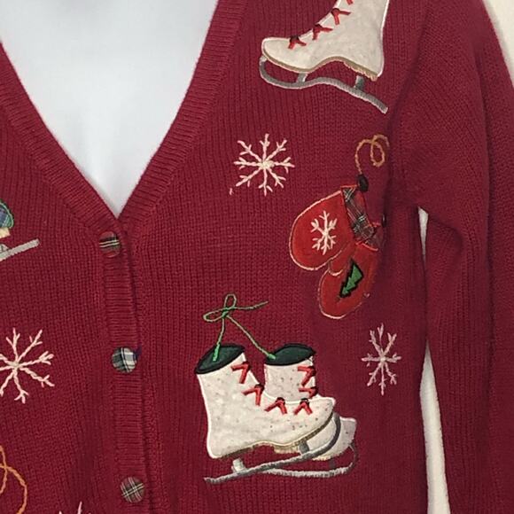 Vintage Ice Skating Christmas Sweater Small Y2K Holiday Cardigan Basic Editions - Picture 5 of 16